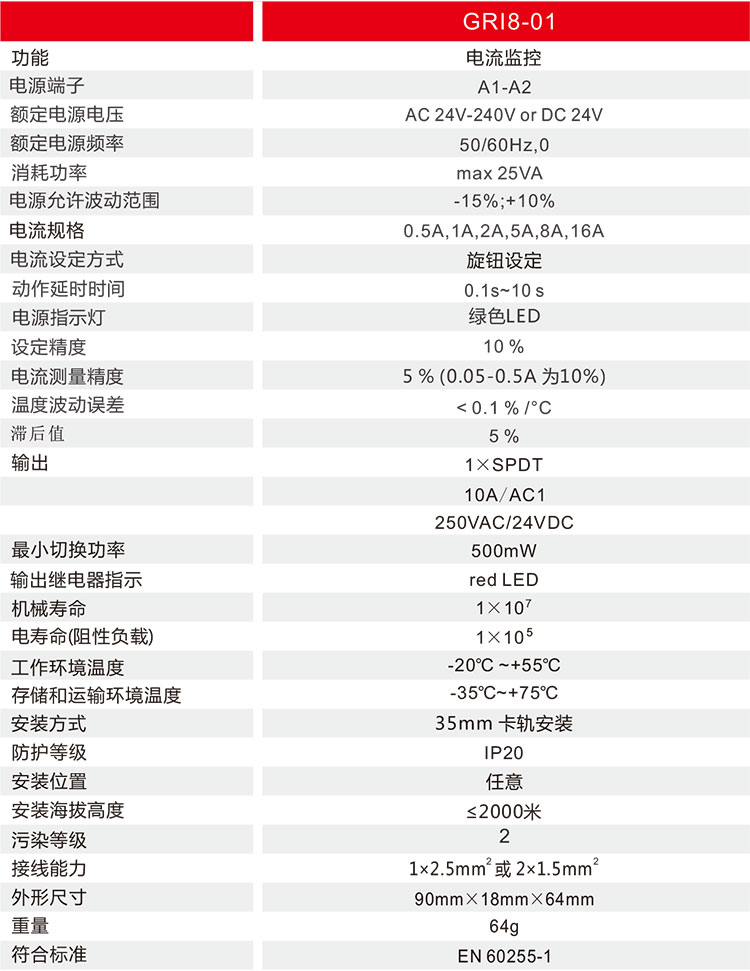 电流监控继电器技术参数