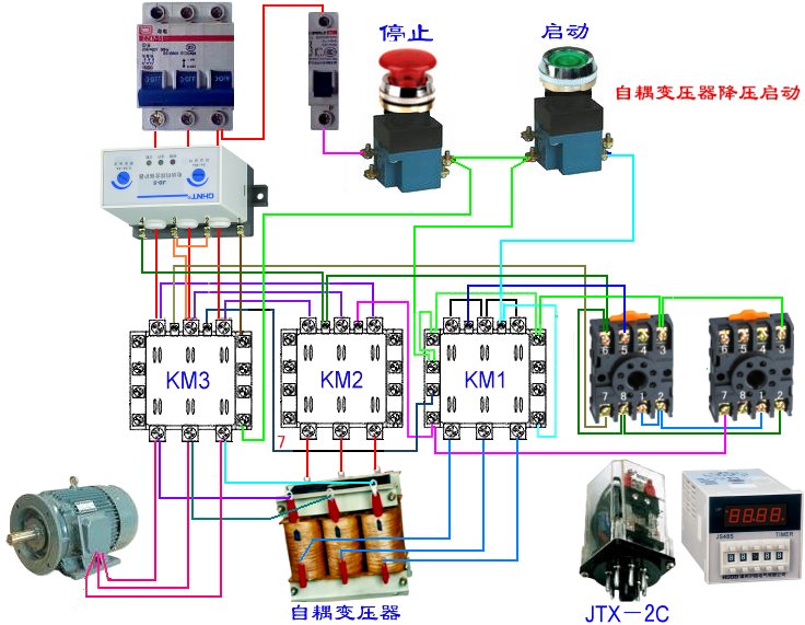 继电器在自耦变压器降压启动系统内的实物接线图.jpg